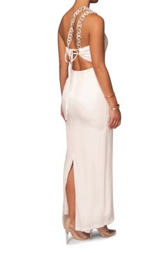 A bold chain strap draws attention to this curve-hugging sheath dress designed with a breezy open back. Ties at back One-shoulder neck Adjustable tie straps Back vent Lined 65% polyester, 35% rayon Hand wash, dry flat Imported Summer Backless Bodycon Dress For Prom, Strappy Back Lace-up Maxi Dress For Night Out, Chic Maxi Dress With Ruched Back, Elegant Bodycon Maxi Dress For Beach, Elegant Bodycon Beach Maxi Dress, Chic Backless Slip Dress With Back Opening, Chic Slip Dress With Low Back, Chic Prom Slip Dress With Lace-up Back, Chic Backless Dress With Spaghetti Straps And Lace-up Back