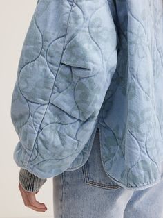 Oversized liner-style jacket in cotton denim with naive tone-on-tone floral prints. Oversized fit Padded and quilted V-neck Dropped shoulders Button front Ribbed cuffs Fabric and Washing 100% Cotton Made in Tunisia Machine wash at 30°C Do not bleach Do not tumble dry Iron at low temperature Bleach Jacket, Model Look, Denim Shoes, Knitwear Tops, Tunisia, Mens Fragrance, Mens Bottom, Koala, Denim Pants