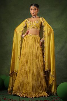 Yellow lehenga with zardozi, sequin, pearl embroidery in phool butta pattern. Paired with embroidered blouse and dupatta. - Aza Fashions Silk Sets With Gota Work For Reception, Georgette Sets With Gota Work For Reception, Reception Georgette Set With Gota Work, Semi-stitched Traditional Choli With Gota Work, Semi-stitched Traditional Drape Choli With Gota Work, Semi-stitched Tissue Silk Sets For Reception, Reception Sets With Gota Work On Georgette, Traditional Drape Gota Work Choli In Georgette, Traditional Georgette Choli With Gota Work