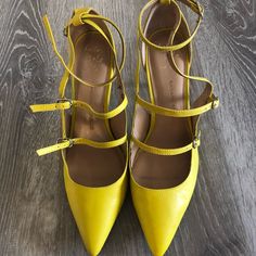 Never Used. Yellow Court Shoes For Spring, Yellow Court Shoes For Spring Formal Occasions, Yellow Court Shoes For Spring Formal Events, Elegant Yellow Heels For Spring, Yellow Court Shoes For Spring Party, Elegant Yellow Court Shoes For Spring, Chic Yellow Ankle Strap Heels, Yellow Spring Heels For Office, Chic Yellow High Heel Court Shoes