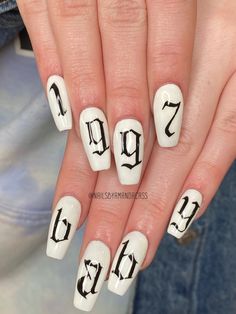 Nails With Dates On Them, 1996 Nail Design, 50 Cent Inspired Nails, Old English Nail Art, Nails With Numbers Design, Numbers On Nails Design, Number On Nails Design, 1998 Nails