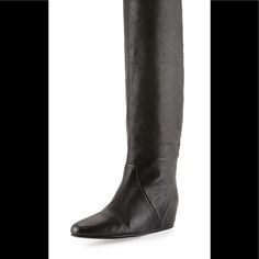 Built To Benefit Your Shape And Style, The Hidden Wedge Heel In These Lanvin Boots Gives Your Calves A Shapely Finish You Won't See In Another Flat Boot. Lanvin Lambskin Knee Boot. Round Toe; Tonal Topstitching. Hidden Wedge Heel. Pull-On Style. Made In Italy. Fit Note: Lanvin Shoes Run Small. Please Order A 1/2 Size Larger Than You Typically Wear *Worn It Once* Modern Wedge Heel Boots For Formal Occasions, Elegant Wedge Heel Boots, Elegant Evening Wedge Boots, Elegant Leather Wedge Heel Boots, Animal Print Boots, Grey Suede Boots, Fringe Heels, Lanvin Shoes, Wedge Heel Boots