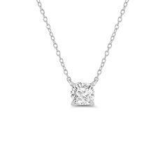 Add glamour to your day-to-day routine through this cushion solitaire necklace. This white gold piece features cushion-cut diamond on a four-prong basket setting. Light and bright, this piece shines without being too showy for everyday wear. Classic Radiant Cut Single Diamond Necklace, White Gold Cushion Cut Necklace, White Gold Cushion Cut Necklace For Formal Events, White Gold Cushion Cut Necklace For Formal Occasions, Formal White Gold Cushion Cut Necklace, Classic Radiant Cut Solitaire Necklace In White Gold, Classic White Gold Solitaire Necklace With Radiant Cut, Classic Cushion Cut White Gold Diamond Necklace, Classic Cushion Cut Diamond Necklace For Formal Occasions