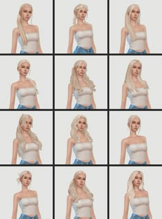 many different images of a woman with blonde hair and blue denim shorts, all in various poses