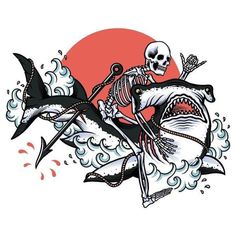 a skeleton riding on the back of a shark