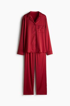 Pajama shirt and pants in softly draped satin. Shirt with a resort collar  buttons at front  open chest pocket  and long sleeves with button at cuffs. Pants with covered elastic at waistband and straight legs. Red Satin Pajamas, Christmas Silk Pajamas, Red Silk Pajamas, Jean Short Jumpsuit, Sweater Blazer, Suits And Jackets, Cardigan Sweater Jacket, Maternity Swimwear, Satin Pajamas