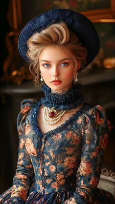 a doll wearing a blue dress and hat with pearls on it's neck, sitting in front of a fireplace