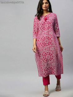 HAND CRAFTED KURTA SET DESCRIPTION *Pink and white bandhani printed kurta with trousers *Pink and white bandhani printed straight calf length kurta, has a tie-up neck, three-quarter sleeves, straight hem, side slits *Pink solid trousers, has elasticated waistband, slip-on closure *Fabric:- Top fabric: Pure Cotton Bottom fabric: Pure Cotton *Wash Care:- Hand-wash AVAILABLE IN 5 SIZES THEY ARE IN FOLLOWING MEASUREMENTS IN INCHES:- S:- Bust-36/Shoulder-14/Top Length-46/Bottom Waist-30/Bottom Length Trousers Pattern, Cotton Anarkali, Palazzo Set, Straight Kurta, Pink Solid, Ethnic Dress, Cotton Bottoms, Churidar, Kurta Set