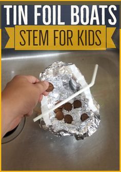 STEM for Kids Activity: Tin foil boats.  A fun Lesson in buoyancy using supplies you already have on hand.  This engineering activity for kids is an engaging way to get kids thinking critically and using problem solving skills. Lighthouse Keepers Lunch, Foil Boat, Stem Activity For Kids, Thinking Critically, Engineering Challenges, Stem Camp, Space Activities For Kids, Makerspace Ideas