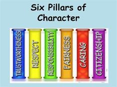 six pillars of character are lined up against each other, with the words characters in different colors