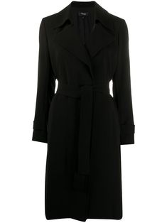 Black mid-length belted coat from Theory featuring notched lapels, long sleeves, side pockets, a straight hem and a rear central vent.