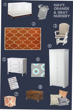 navy and orange nursery room with white furniture, crib, dresser, chair, changing table