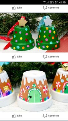 three paper plates with different designs on them and one is decorated like a gingerbread house