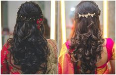 29 Beautiful and Easy Hairstyles to Pair with Your Saree Curly Bridal Hair, Engagement Hairstyles, Open Hairstyles, Indian Bridal Hairstyles, Half Updo