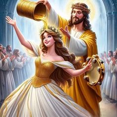 a painting of jesus and princesses with their hands in the air