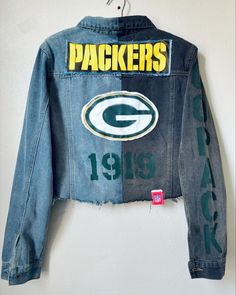 Spliced re worked 1 of 1 authentic denim 💚💛 Perfect jacket for summer and the upcoming season! Size medium 💚 available now 💛💛💚💚 #greenbaypackers #shopify #smallbusiness #summeriscoming #summer2024 #greenbay #packers #nfldraft #nflwives #nflgirlfriend #upcycled #denimjacket #smallbusinessowner #shopsmall #handmade Jacket For Summer, Nfl Wives, Perfect Jacket, Summer Is Coming, Nfl Draft, 1 Of 1, Green Bay Packers, Green Bay, Small Shop