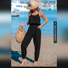 Nwt Tapered Leg And Back Cutout Black Jumpsuit $54 Msrp Size Medium Step Into Style With Our Tapered Leg And Back Cut-Out Jumpsuit! This Chic Piece Combines Comfort And Sophistication With Its Tapered Legs And Alluring Back Cut-Out Detail. Perfect For Beach Days Or Casual Events. Drawstring Waist 100%Cotton Back Cut-Out Scoop Neckline Imported Machine Washable From A Smoke-Free And Pet Friendly Home (Hypoallergenic Goldendoodle). Check Out My Closet And Bundle For Additional Savings. Gbl2 Jumpsuits And Rompers With Pockets For Beach Vacation, Beach Vacation Jumpsuits And Rompers With Pockets, Beach Jumpsuits And Rompers With Pockets, Sleeveless Black Jumpsuit For Beach Season, Beach Season Jumpsuits And Rompers With Pockets, Black Casual Jumpsuits And Rompers For Beach Season, Casual Black Jumpsuit For Beach Season, Chic Black Jumpsuits And Rompers For Beach Season, Black Summer Jumpsuit For Loungewear