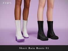 two women in short rain boots standing next to each other on a purple background with the caption, short rain boots 01