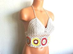 Vikni Crochet Natural Flower Halter Top, Crochet Festival Crop Top Flower Halter Top, Crochet Music, Halter Top Crochet, Crochet Spring, Crochet Festival, Festival Crop Tops, Womens Halter Tops, Bra Cup Sizes, Crochet Halter