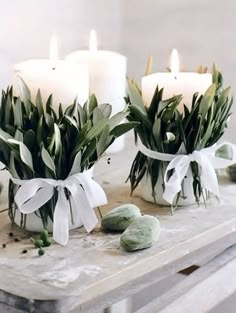 some candles are sitting on a table with green leaves