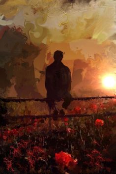 a painting of a man sitting on a fence with the sun setting in the background