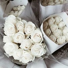 several white roses are in the middle of two boxes with ribbons around them and one is wrapped in paper