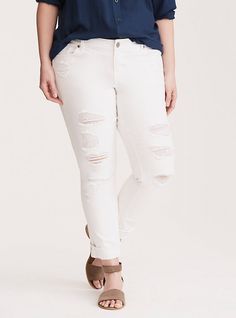 Torrid Boyfriend Jeans - White Wash with Ripped Destruction, WHITE White After Labor Day, White Boyfriend Jeans, Ripped Jeans Women, Elastic Waist Jeans, Purple Jeans, Black Ripped Jeans, Denim Pocket, Boyfriend Jean, Active Outfits