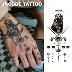 a hand with tattoos on it and an image of a lion