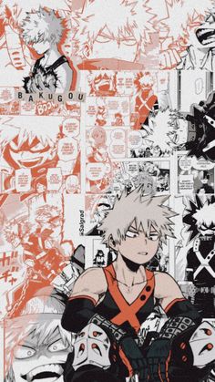 an anime character is surrounded by many stickers and pictures on the wall behind him