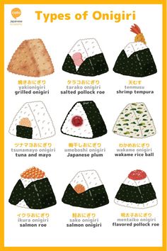 different types of sushi onigi are shown in this poster, with the names and