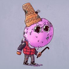 a drawing of a purple donut with an ice cream cone on its head, holding a stick