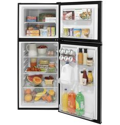 an open refrigerator with food and drinks in it