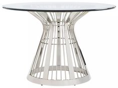 a round glass table with metal legs