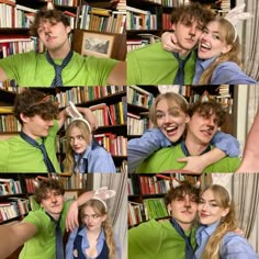 a collage of photos showing two people hugging each other in front of bookshelves