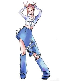 a drawing of a girl in blue jeans and boots with her hands behind her head