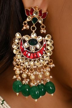 Micro gold plated lotus carved pendant necklace with pink kundan embellishment and green bead drops. Comes with earrings. - Aza Fashions Green Fusion Style Chandbalis With Cutdana, Green Cutdana Chandbalis In Fusion Style, Green Cutdana Fusion Chandbalis, Green Gold Plated Kundan Necklace For Festivals, Green Gold-plated Kundan Necklace For Festivals, Gold Plated Green Jewelry With Latkans, Green Gold-plated Jewelry With Latkans, Traditional Green Teardrop Jewelry, Green Kundan Danglers With Fusion Style