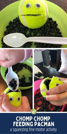 a collage of photos showing how to make a chomp chopping pacman