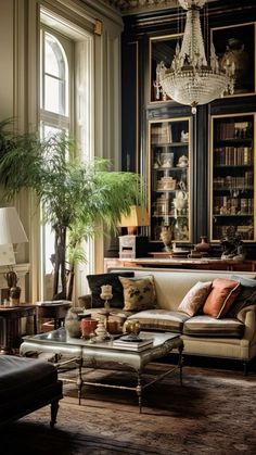 a living room filled with lots of furniture and a chandelier hanging from the ceiling