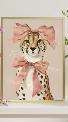 a painting of a cheetah wearing a pink bow