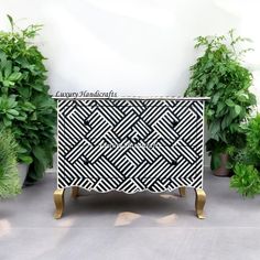 a black and white cabinet sitting in front of some potted plants on the ground