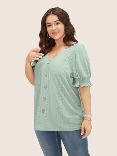 Plain Broderie Anglaise Shirred Puff Sleeve Button Detail T-shirt Womens Trendy Tops, Womens Clothing Sizes, Sleeve Detail, Trendy Tops, Button Detail, Body Measurements, Blue Gray, Plus Size Outfits, Puff Sleeve