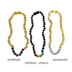 three necklaces with different colored beads on each strand and the words amethyst, rainbow - chakra