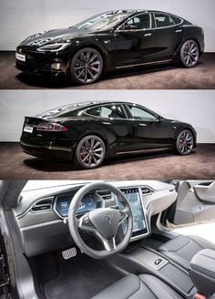 the inside and outside view of a black tesla model s car, which is shown in three different views