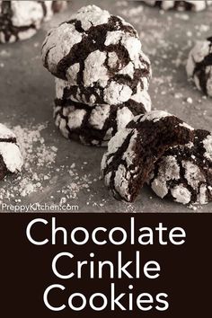 chocolate crinkle cookies are stacked on top of each other