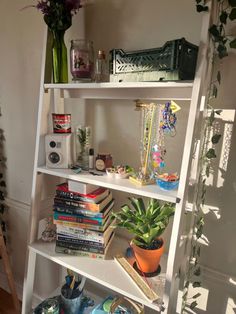 a white book shelf filled with books next to a potted plant and other items