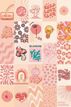 a collage of pink and orange images with the words blossom on them in different languages