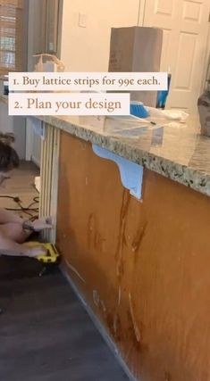 a woman kneeling down on the floor with tools in front of her and a sign that says, i buy lattice strips for go each