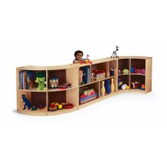 a child's bookcase with shelves and toys in it on a white background