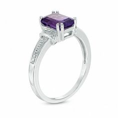 Emerald-Cut Amethyst and Diamond Accent Collar Ring in 10K White Gold | Online Exclusives | Collections | Zales Emerald Cut Birthstone Ring With Accent Stones, Elegant Emerald-cut Amethyst Birthstone Ring, Elegant Emerald Cut Amethyst Birthstone Ring, Elegant Emerald Cut Amethyst Promise Ring, Modern Amethyst Anniversary Ring, Classic Emerald Cut Purple Rings, Classic Purple Emerald Cut Rings, Classic Amethyst Rectangular Ring For Anniversary, Classic Rectangular Amethyst Ring For Anniversary