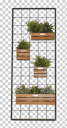 three wooden planters with plants in them on a metal rack, against a white background